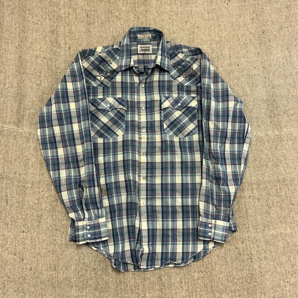 Vintage Levi's Pearl Snap Shirt Mens Medium Blue 1970s Western Scorpion